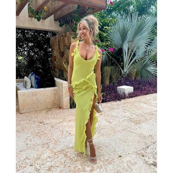 HOUSE OF CB Pixie Ruffle Georgette Body-Con Cocktail Dress in Lime Green Large+